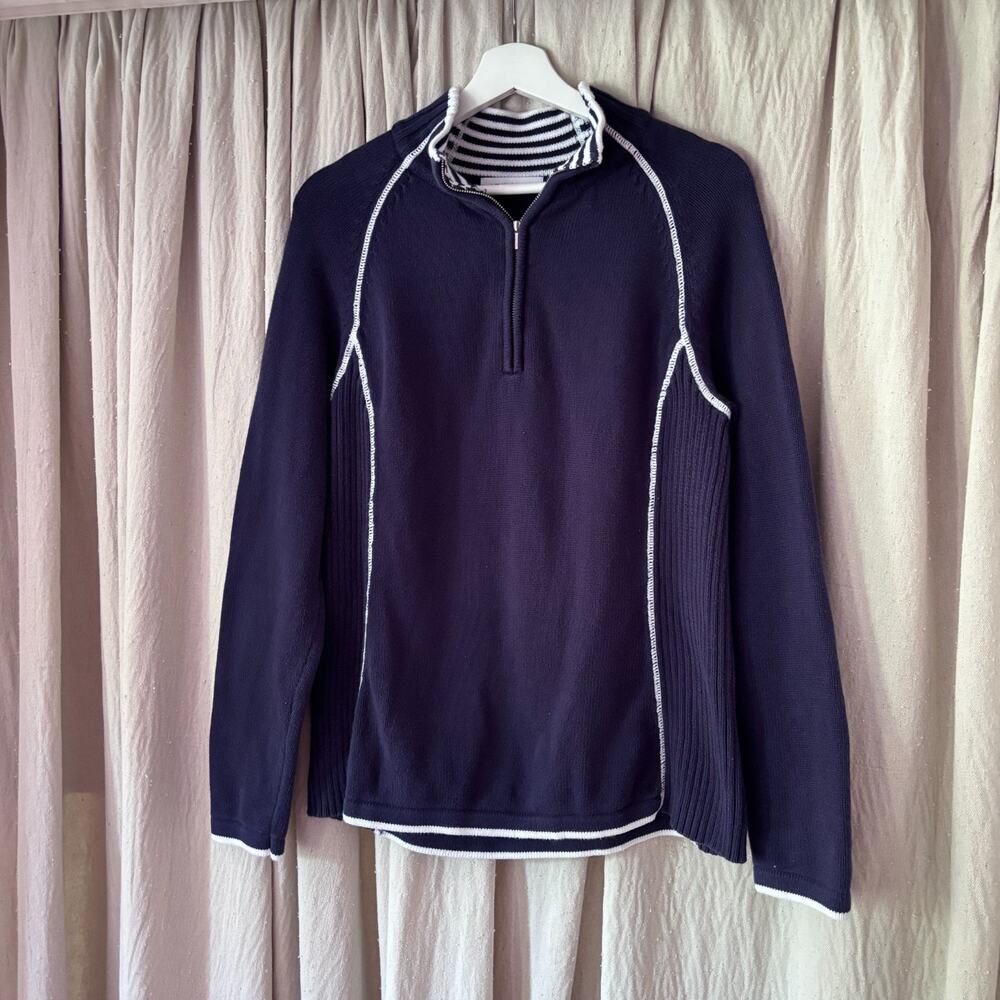 Liz Claiborne Navy Quarter Zip Cotton‎ Nautical Preppy Sweater White Trim L
